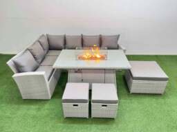 Rackhams 9 Seat Rattan Garden Furniture Corner Sofa Set Outdoor Gas Fire Pit Table Sets with 3 Footstools Light Grey - thumbnail 2