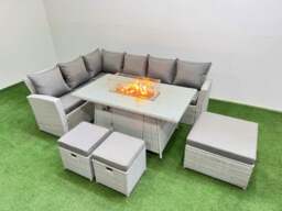 Rackhams 9 Seat Rattan Garden Furniture Corner Sofa Set Outdoor Gas Fire Pit Table Sets with 3 Footstools Light Grey - thumbnail 1