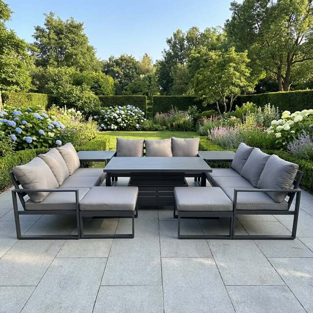 Rackhams 11 Seater Aluminum Outdoor Garden Furniture Set with Adjustable Rising Dining Table, 3 Sofas, 2 Footstools, 2 Side Tables - Grey - image 1