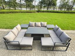 Rackhams 11 Seater Aluminum Outdoor Garden Furniture Set with Adjustable Rising Dining Table, 3 Sofas, 2 Footstools, 2 Side Tables - Grey - thumbnail 2