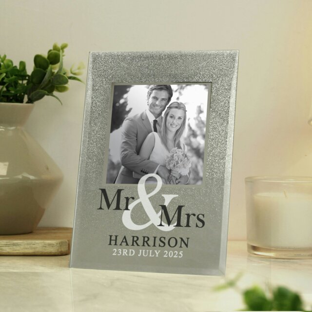 Rackhams Personalised Mr & Mrs 4x4 Glitter Glass Photo Frame - image 1
