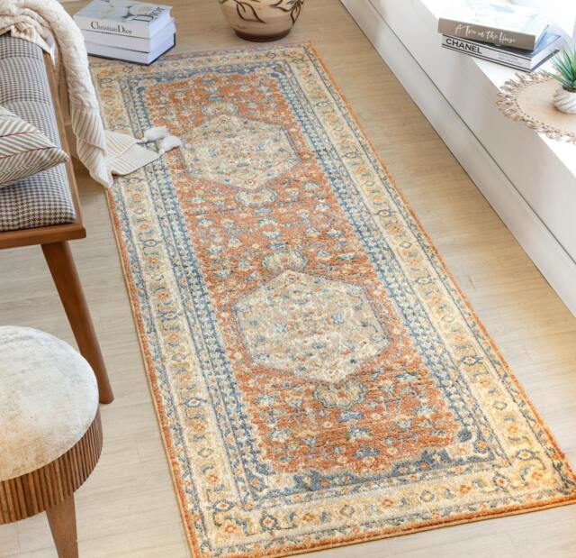 Rackhams Lillian-Washable Orange Brown Traditional Vintage Boho Rug - 80 x 220 cm - image 1