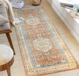 Rackhams Lillian-Washable Orange Brown Traditional Vintage Boho Rug - 80 x 220 cm - thumbnail 1