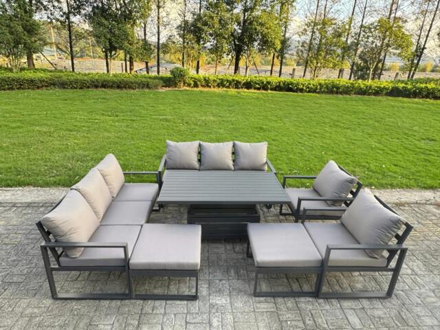 Rackhams 10 Seater Aluminium Garden Furniture Set with Adjustable Rising Dining Table, 2 Sofas, 2 Footstools - Dark Grey - image 1