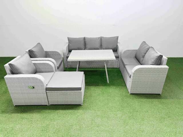 Rackhams PE Rattan Garden Furniture Set Outdoor Rectangular Dining Table Sofa Set with Reclining Chair Big Stool Light Grey - image 1