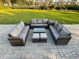 Rackhams 11-Seater Dark Grey Rattan Outdoor Lounge Set - Rectangular Coffee Table, 3-Seater Sofa, Side Table, 2 Footstools - thumbnail 1