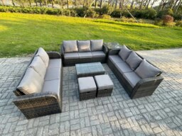 Rackhams 11-Seater Dark Grey Rattan Outdoor Lounge Set - Rectangular Coffee Table, 3-Seater Sofa, Side Table, 2 Footstools - thumbnail 2