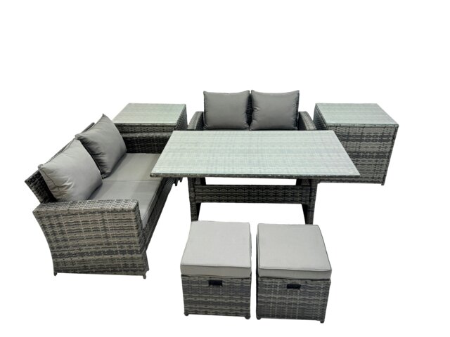 Rackhams 6 Seater Wicker PE Rattan Furniture Outdoor Dining Table Double Seat Sofa 2 Side Table 2 Small Stools Set Dark Grey Mixed - image 1