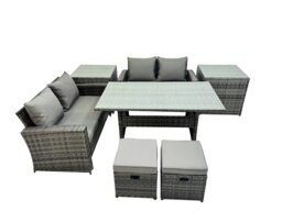 Rackhams 6 Seater Wicker PE Rattan Furniture Outdoor Dining Table Double Seat Sofa 2 Side Table 2 Small Stools Set Dark Grey Mixed - thumbnail 1