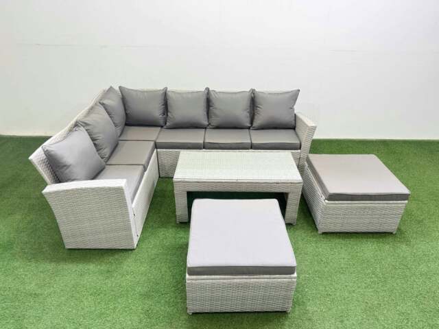 Rackhams Rattan Garden Furniture Set Outdoor 8 Seater Corner Sofa Sets with Oblong Coffee Table 2 Big Footstools Light Grey Mixed - image 1