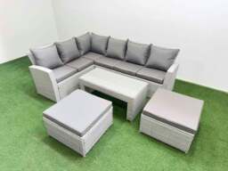 Rackhams Rattan Garden Furniture Set Outdoor 8 Seater Corner Sofa Sets with Oblong Coffee Table 2 Big Footstools Light Grey Mixed - thumbnail 2