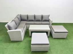 Rackhams Rattan Garden Furniture Set Outdoor 8 Seater Corner Sofa Sets with Oblong Coffee Table 2 Big Footstools Light Grey Mixed - thumbnail 1