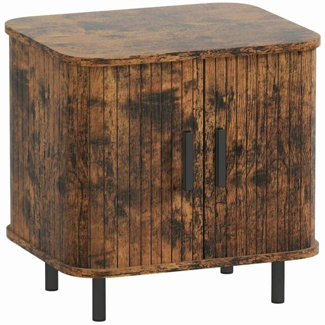 Rackhams Bedside Table, Nordic Side Table with Roller Shutter Style Sliding Doors and Metal Legs for Bedroom, Living Room, Rustic Brown