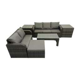 Rackhams Rattan Garden Outdoor Furniture Set 3 Seater Sofa Love Sofa Coffee Table with Big Footstool 2 Side Tables Dark Grey Mixed - thumbnail 2