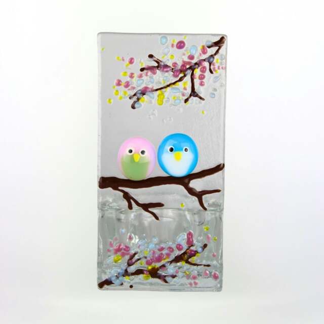 Rackhams Fused Glass Tea Light Holder – Love Birds & Spring Blossom (Handmade)