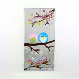 Rackhams Fused Glass Tea Light Holder – Love Birds & Spring Blossom (Handmade)