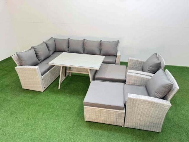 Rackhams Garden Outdoor Rattan Furniture Set Rattan Corner Sofa Oblong Dining Table with 2 Armchairs 2 Big Footstools Light Grey Mixed 10 Seater - image 1