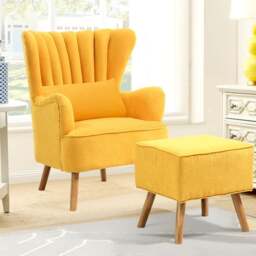 Rackhams 77cm W Occasion Faux Wool Wingback Chair Padded Armchair and Footstool - Yellow - thumbnail 1
