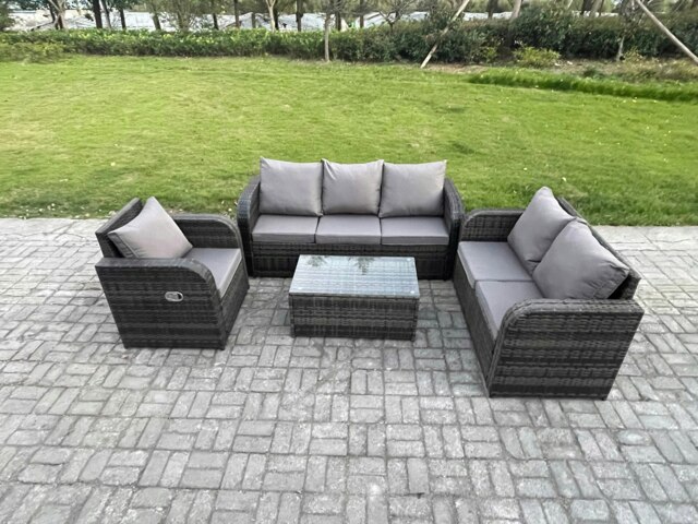 Rackhams 6-Seater Outdoor Wicker Rattan Sofa Set - Rectangular Coffee Table, Reclining Chair, Loveseat, 3-Seater Sofa - image 1