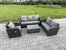 Rackhams 6-Seater Outdoor Wicker Rattan Sofa Set - Rectangular Coffee Table, Reclining Chair, Loveseat, 3-Seater Sofa - thumbnail 2