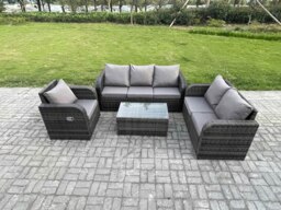 Rackhams 6-Seater Outdoor Wicker Rattan Sofa Set - Rectangular Coffee Table, Reclining Chair, Loveseat, 3-Seater Sofa - thumbnail 1