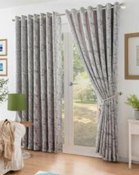 Rackhams Chenille Jacquard Lined Ring Top Eyelet Curtains - Silver - 168cm width x 183cm drop - thumbnail 1