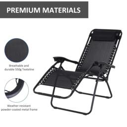 Rackhams Zero Gravity Chair Metal Frame Texteline Armchair Outdoor Folding and Reclining Sun Lounger with Head Pillow for Patio Decking Gardens Camping, Black - thumbnail 6