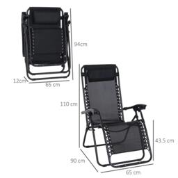 Rackhams Zero Gravity Chair Metal Frame Texteline Armchair Outdoor Folding and Reclining Sun Lounger with Head Pillow for Patio Decking Gardens Camping, Black - thumbnail 3