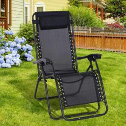 Rackhams Zero Gravity Chair Metal Frame Texteline Armchair Outdoor Folding and Reclining Sun Lounger with Head Pillow for Patio Decking Gardens Camping, Black - thumbnail 2