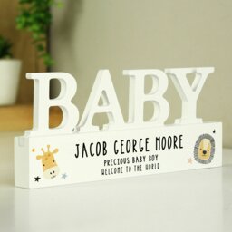 Rackhams Personalised Scandi Safari Animals Wooden Baby Ornament - thumbnail 1
