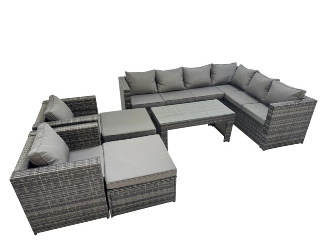Rackhams Outdoor Rattan Oblong Coffee Table Corner Sofa Sets Garden Furniture Set with 2 Chairs 2 Big Stools Dark Grey Mixed - image 1