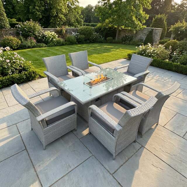Rackhams 6 Seater Rattan Outdoor Garden Furniture Set with Gas Fire Pit Table and 6 Chairs - Light Grey - image 1