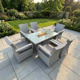 Rackhams 6 Seater Rattan Outdoor Garden Furniture Set with Gas Fire Pit Table and 6 Chairs - Light Grey