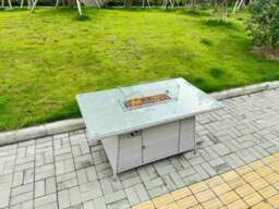 Rackhams 6 Seater Rattan Outdoor Garden Furniture Set with Gas Fire Pit Table and 6 Chairs - Light Grey - thumbnail 5