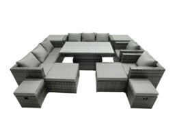 Rackhams 12 Seater Rattan Garden Furniture Set with Dining Table, 2 Sofas, 2 Side Tables, 2 Armchairs, 4 Stools - Dark Grey Mixed - thumbnail 2