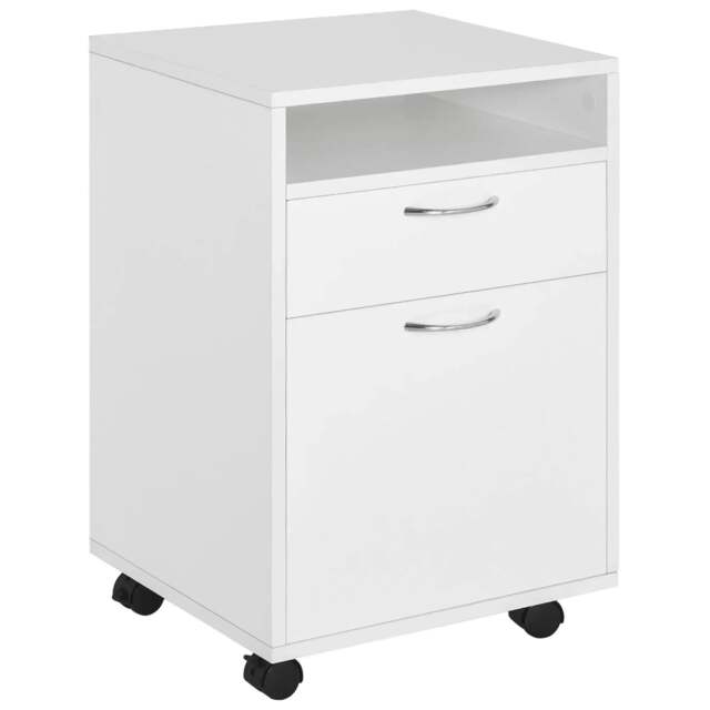 Rackhams 60cm Filing Cabinet with Drawer, Open Shelf, Metal Handles and 4 Wheels, Office Home Organiser Mobile Printer, White - image 1