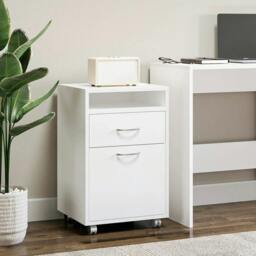 Rackhams 60cm Filing Cabinet with Drawer, Open Shelf, Metal Handles and 4 Wheels, Office Home Organiser Mobile Printer, White - thumbnail 2