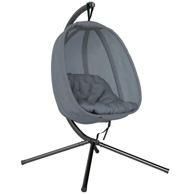 Rackhams Hanging Egg Chair, Folding Texteline Swing Hammock with Side Pocket, Cushion and Stand for Indoor Outdoor, Patio Garden Furniture, Grey - image 1