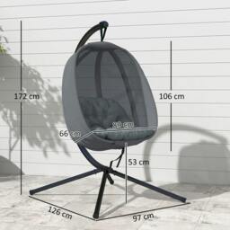 Rackhams Hanging Egg Chair, Folding Texteline Swing Hammock with Side Pocket, Cushion and Stand for Indoor Outdoor, Patio Garden Furniture, Grey - thumbnail 3