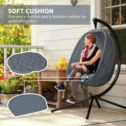 Rackhams Hanging Egg Chair, Folding Texteline Swing Hammock with Side Pocket, Cushion and Stand for Indoor Outdoor, Patio Garden Furniture, Grey - thumbnail 4