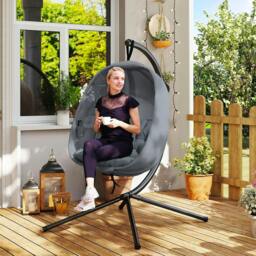 Rackhams Hanging Egg Chair, Folding Texteline Swing Hammock with Side Pocket, Cushion and Stand for Indoor Outdoor, Patio Garden Furniture, Grey - thumbnail 2