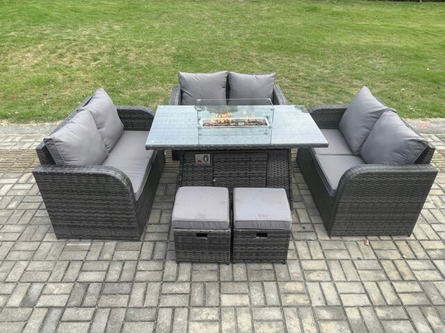 Rackhams Rattan Outdoor Garden Furniture Set with Gas Fire Pit Table, 2 Small Footstools, 3 Love Sofas -  8 Seater - Dark Grey - image 1
