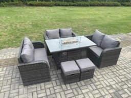 Rackhams Rattan Outdoor Garden Furniture Set with Gas Fire Pit Table, 2 Small Footstools, 3 Love Sofas -  8 Seater - Dark Grey - thumbnail 2