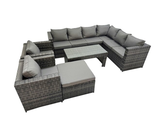 Rackhams Outdoor Rattan Oblong Coffee Table Corner Sofa Sets Garden Furniture Set with 2 Chairs Big Stool Dark Grey Mixed - image 1