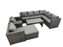 Rackhams Outdoor Rattan Oblong Coffee Table Corner Sofa Sets Garden Furniture Set with 2 Chairs Big Stool Dark Grey Mixed - thumbnail 1