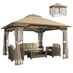 Rackhams 3.3 x 3.3 m Garden Gazebo with Shelves, UPF50+ Permanent Gazebo - 330 x 330 x 283 cm - Gazebo - Khaki - thumbnail 2