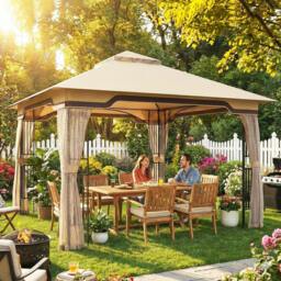 Rackhams 3.3 x 3.3 m Garden Gazebo with Shelves, UPF50+ Permanent Gazebo - 330 x 330 x 283 cm - Gazebo - Khaki - thumbnail 1