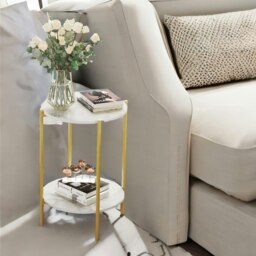 Rackhams 2 Tier Round Faux Marble Side Table With Metal Legs White - thumbnail 4