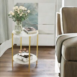Rackhams 2 Tier Round Faux Marble Side Table With Metal Legs White - thumbnail 3