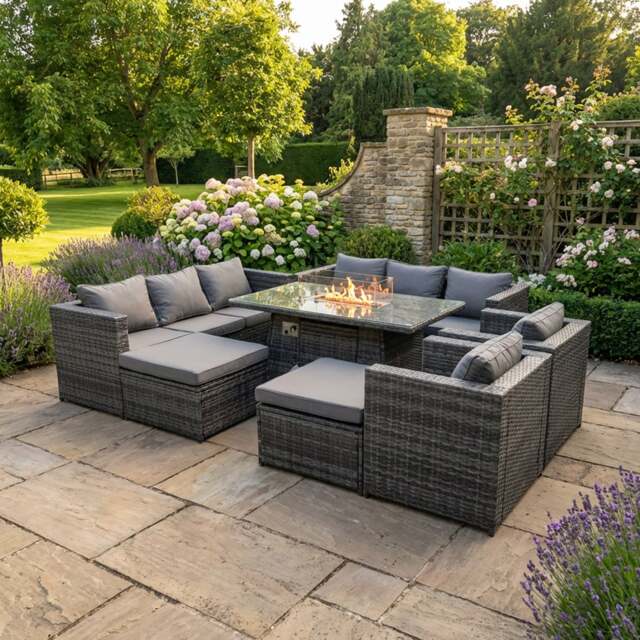 Rackhams 10 Seater Rattan Garden Furniture Set with Fire Pit Dining Table, 2 Sofas, 2 Chairs, 2 Footstools - Dark Grey - image 1